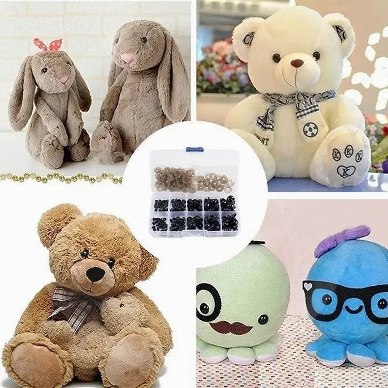 A collection of plastic safety eyes in various colors and styles for use in amigurumi and doll making projects.