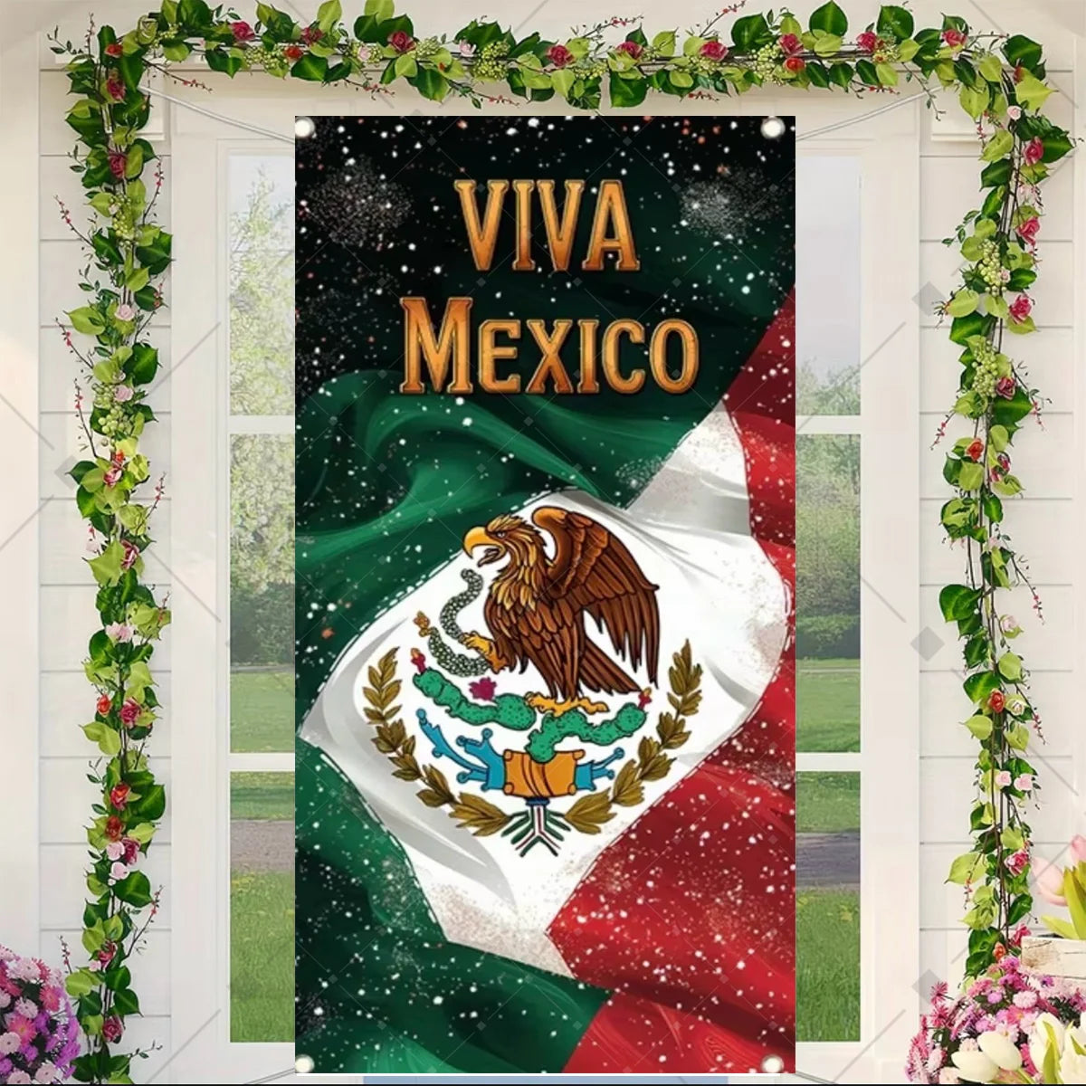 A door cover featuring the Mexican flag design with an eagle and laurel wreath, decorated with greenery.