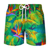 Men's beach swim shorts featuring a vibrant tropical coconut tree leaf print in green, yellow, and orange.