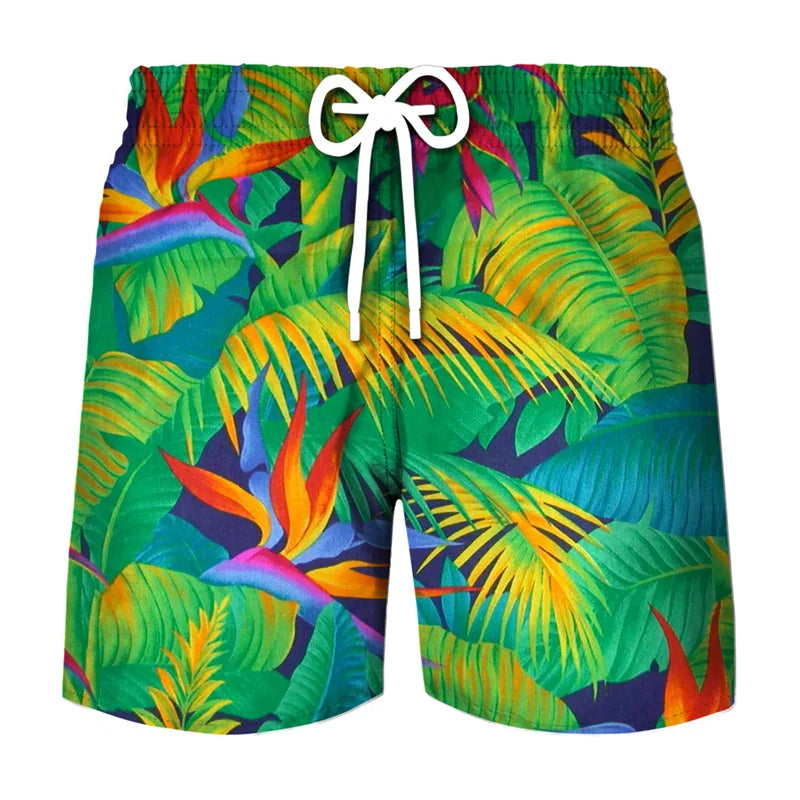 Men's beach swim shorts featuring a vibrant tropical coconut tree leaf print in green, yellow, and orange.