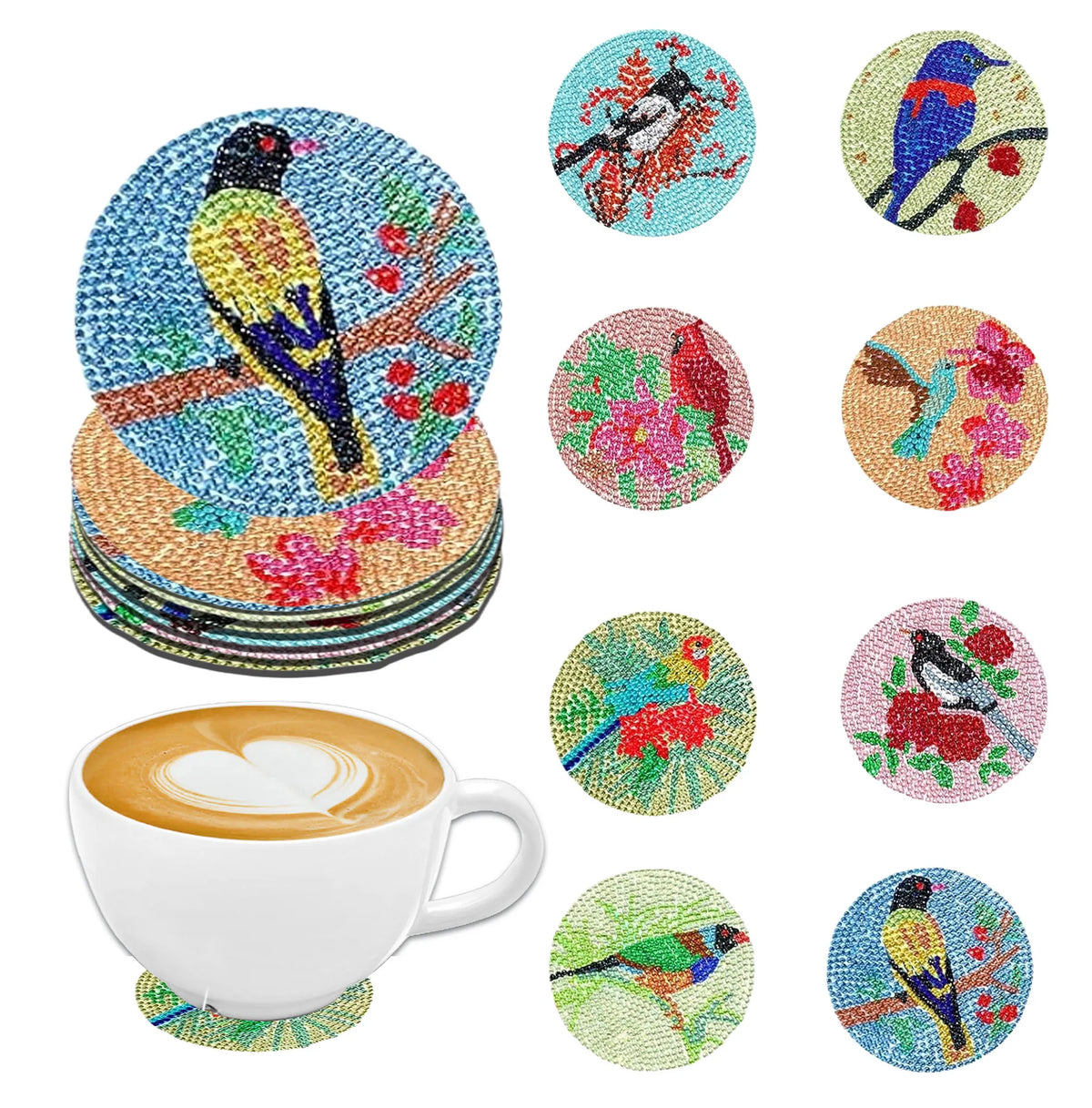 A set of DIY diamond art coasters featuring various bird designs on colorful tiles.