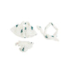A set of three white doll outfits featuring green cactus designs for baby dolls.