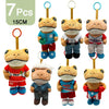 Seven plush toys of Bad Bunny El Sapo Concho in various outfits and colors