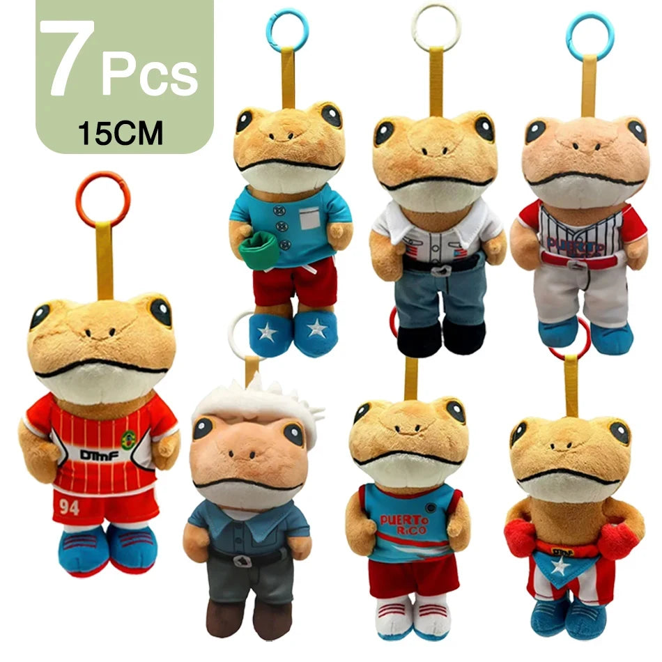 Seven plush toys of Bad Bunny El Sapo Concho in various outfits and colors