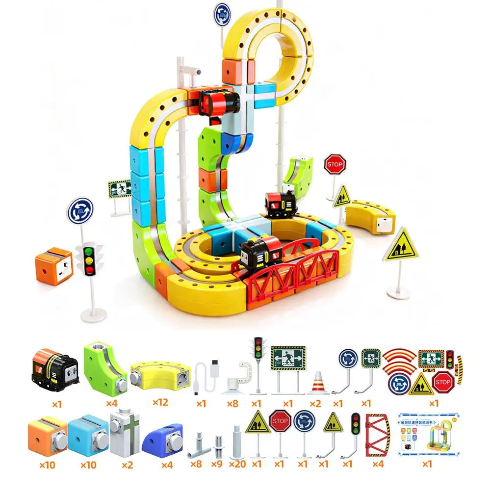 A colorful 3D magnetic cube track building set with a USB rechargeable train and various track components.
