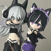 An articulated vinyl art figure of an anime-style character with white hair and black cat ears wearing a purple outfit.