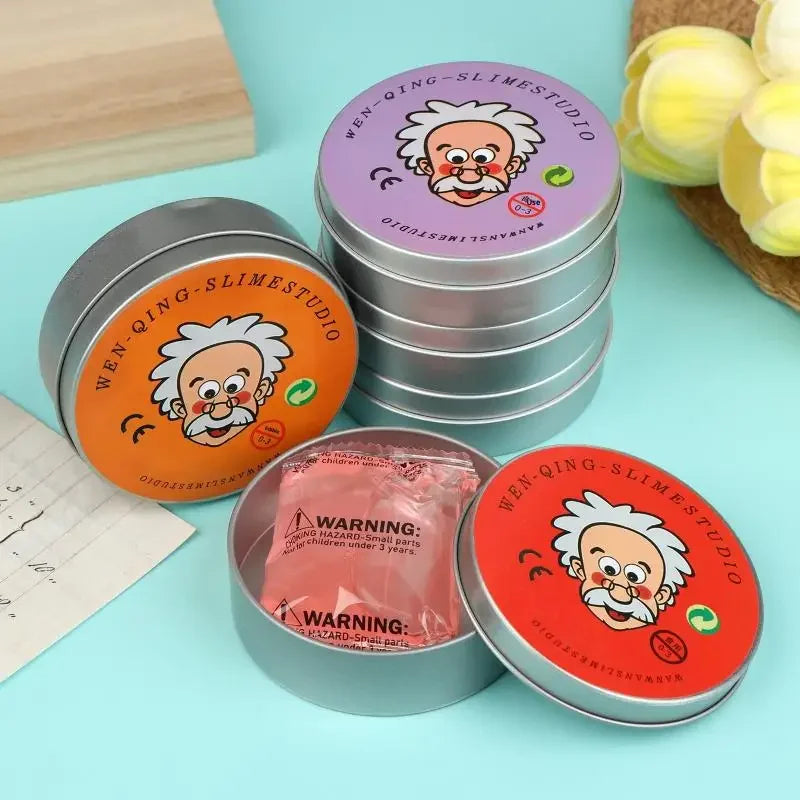 A stack of ten purple tins labeled Wen-Qing Slime Studio with orange and red accents, next to an open tin.