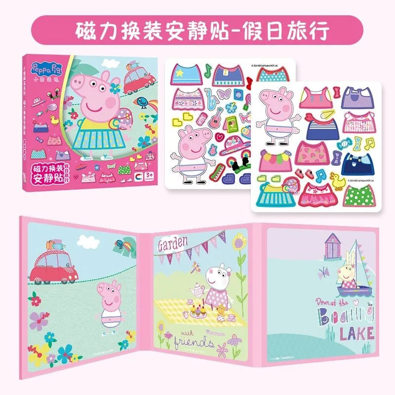 A colorful magnetic dress-up travel book featuring Peppa Pig characters and scenes for children.