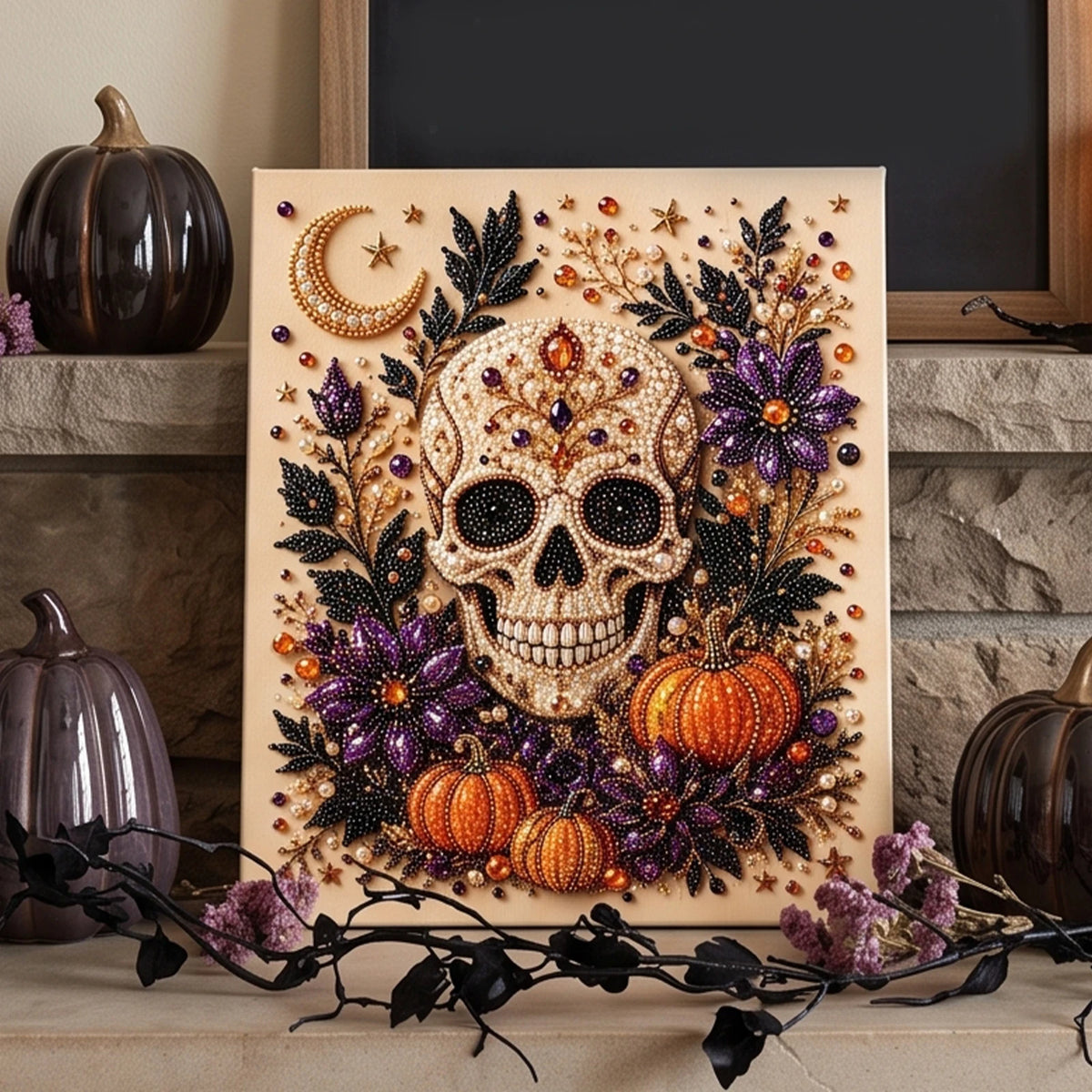 A framed canvas featuring a detailed skull design in pearl and diamond painting style surrounded by autumnal foliage.