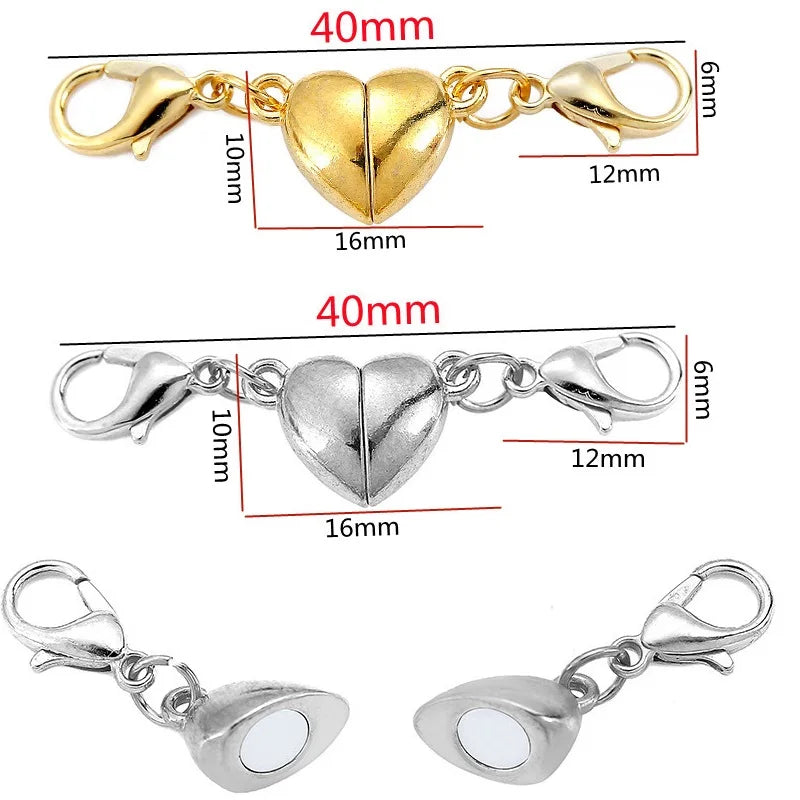A set of five gold and silver magnetic lobster claw clasps for jewelry making with various sizes.