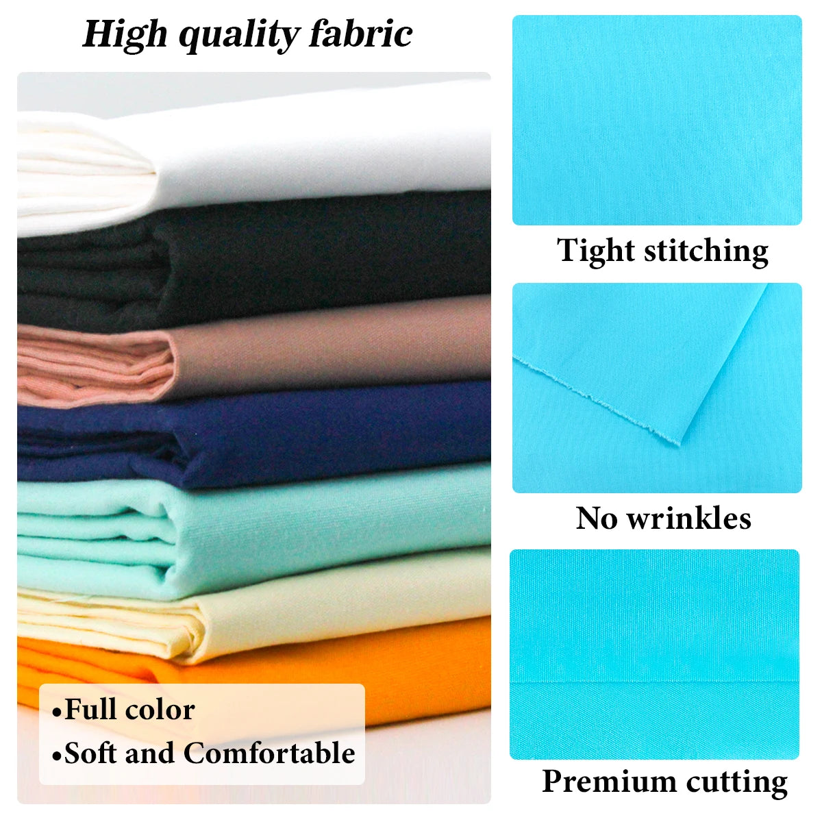A collection of folded fabric in various colors demonstrating tight stitching, no wrinkles, full color, soft and comfortable 