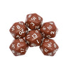 A set of brown D20 dice, including a d6 and d10, scattered on a white background.