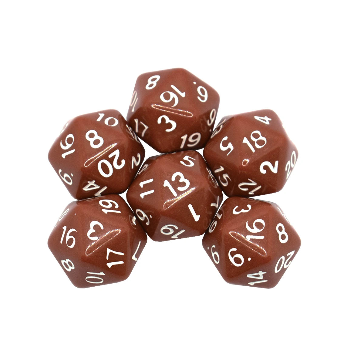 A set of brown D20 dice, including a d6 and d10, scattered on a white background.