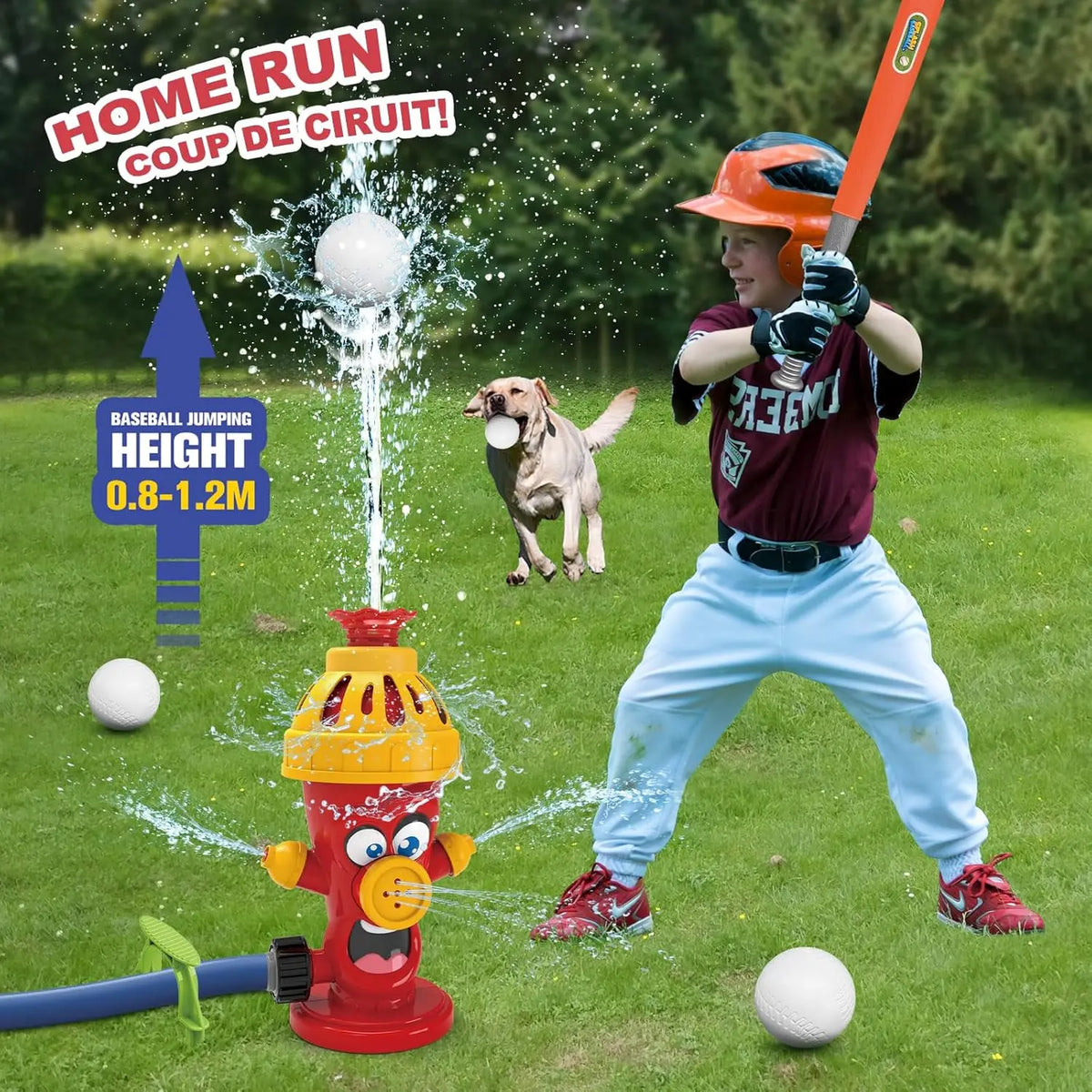A child is playing with a baseball and a cartoon fire hydrant water sprinkler toy in a grassy outdoor setting.