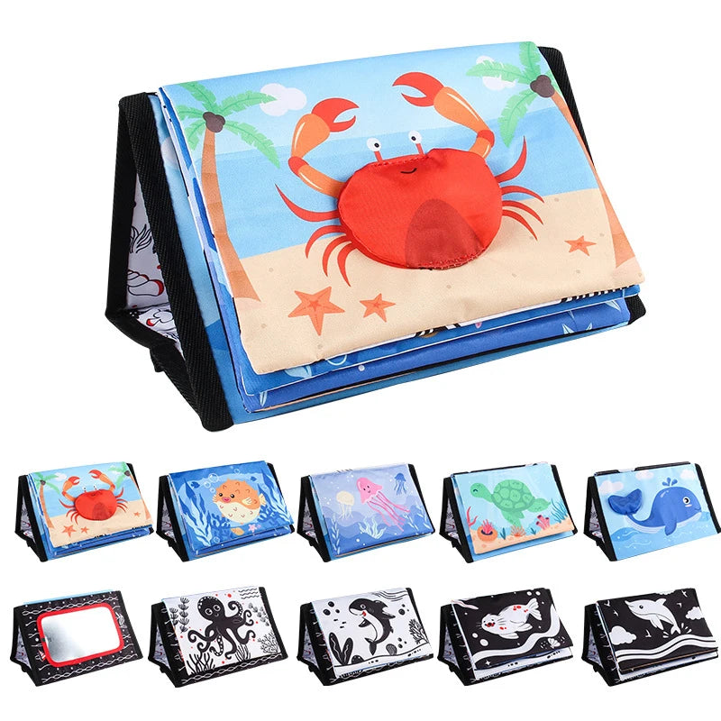 High-Contrast Tummy Time Baby Mirror with Crinkle Cloth Book and Teether