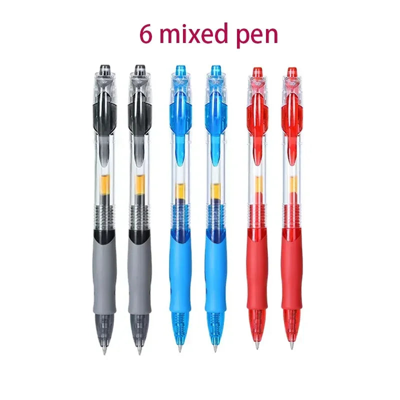 Six mixed colored retractable gel pens shown vertically in a row.