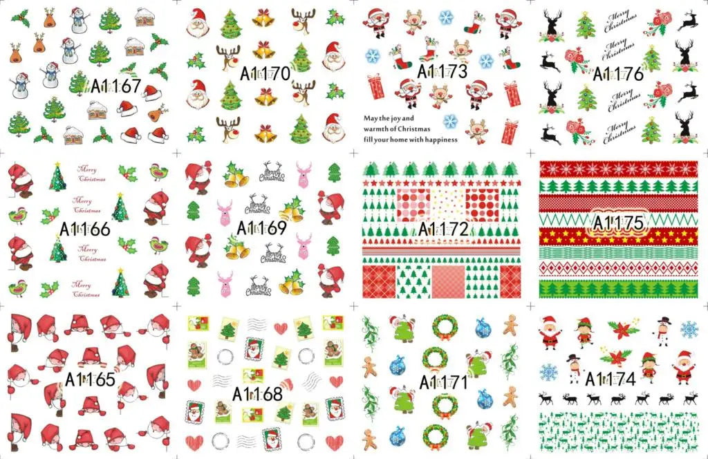 A collection of Christmas themed nail art stickers featuring festive designs and seasonal motifs.