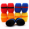 A set of five foam microphone windscreen covers in red, blue, and orange colors are displayed.