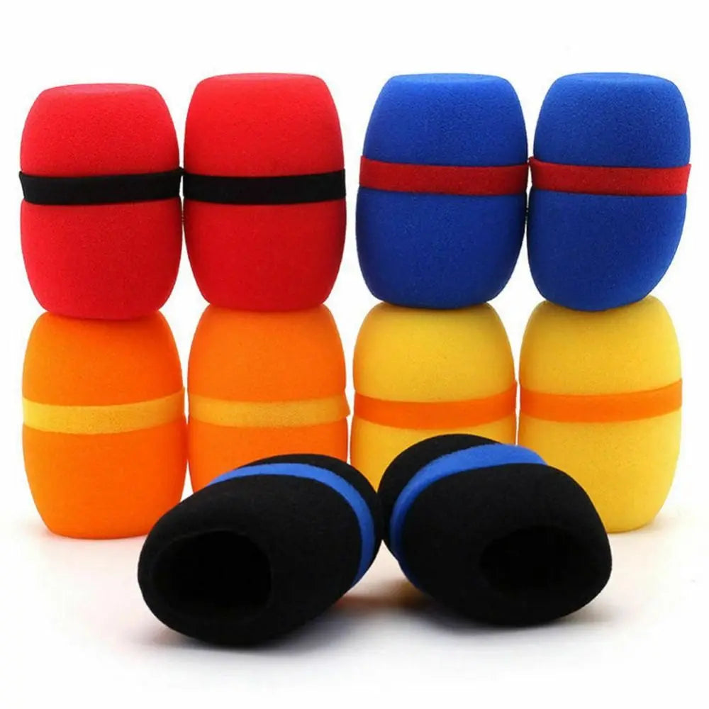 A set of five foam microphone windscreen covers in red, blue, and orange colors are displayed.