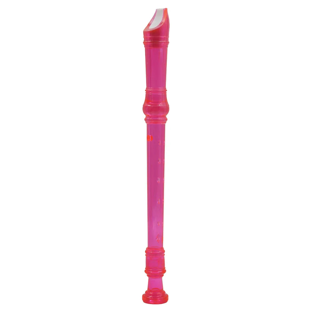 A pink transparent ABS recorder with an eight-hole woodwind flute design.