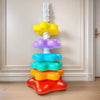 Holzspielzeug-Stacking-Puzzle mit farbenfrohen, verstellbaren Teilen, vertikal gestapelt.