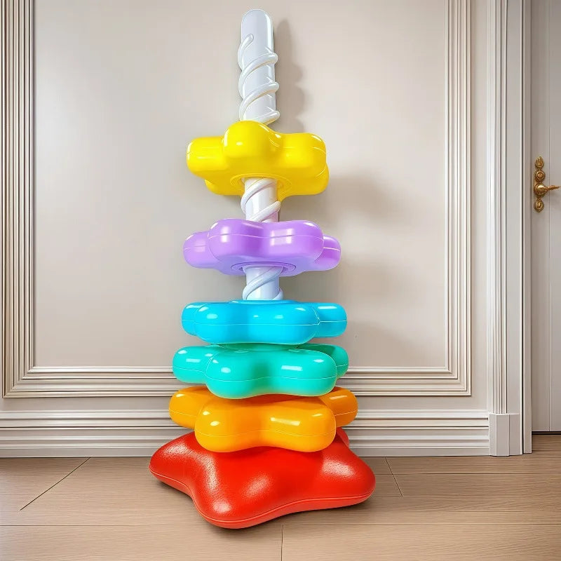 Holzspielzeug-Stacking-Puzzle mit farbenfrohen, verstellbaren Teilen, vertikal gestapelt.