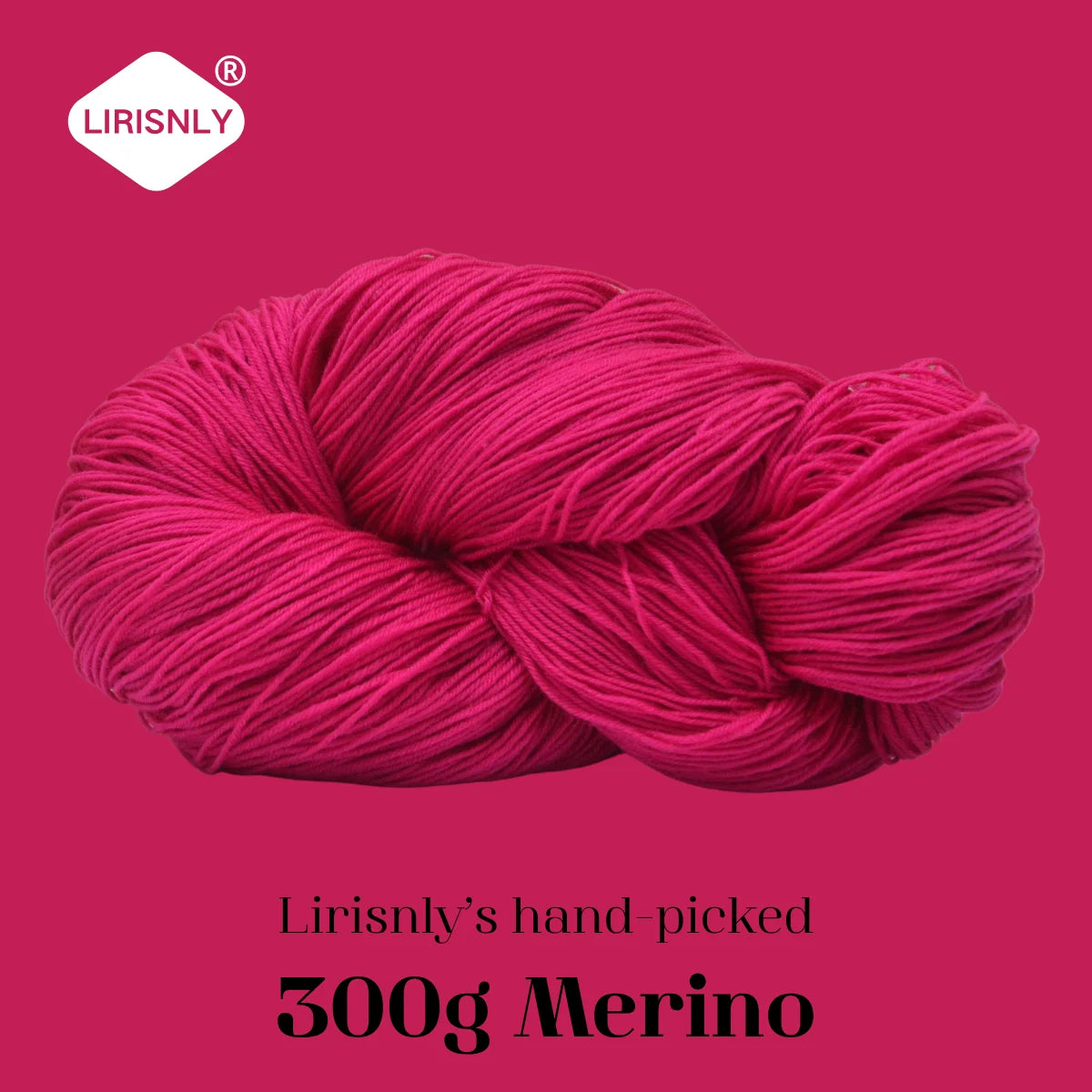 A ball of bright pink merino wool yarn, labeled as Lirisnly's hand-picked 300g Merino.