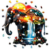 A colorful illustration of an elephant head featuring various animals and foliage, suitable for a wooden jigsaw puzzle.