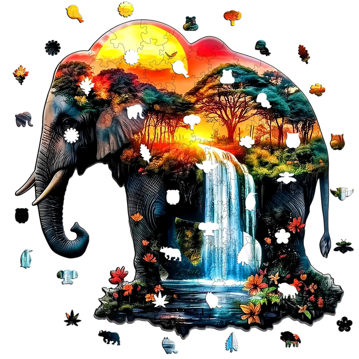 A colorful illustration of an elephant head featuring various animals and foliage, suitable for a wooden jigsaw puzzle.