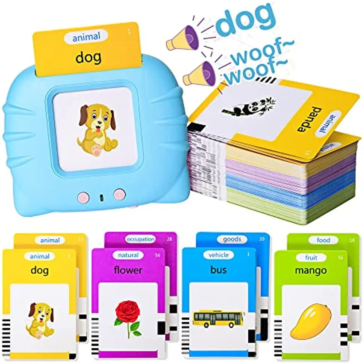 A set of talking flash cards for dogs, animals, and fruits, including a blue toy and various colorful cards.