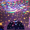 A projection of a starry night sky with colorful stars and a crescent moon on a dome-shaped surface.