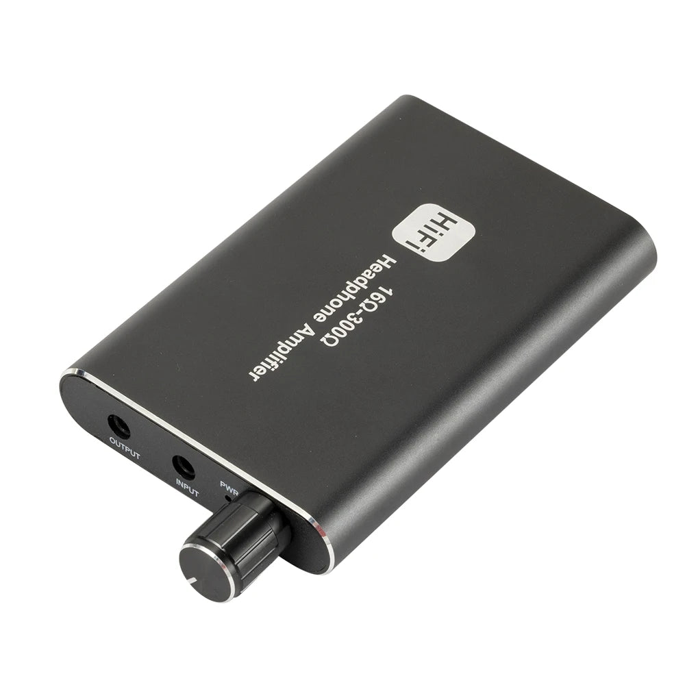 A black portable HiFi headphone amplifier device shown from above.