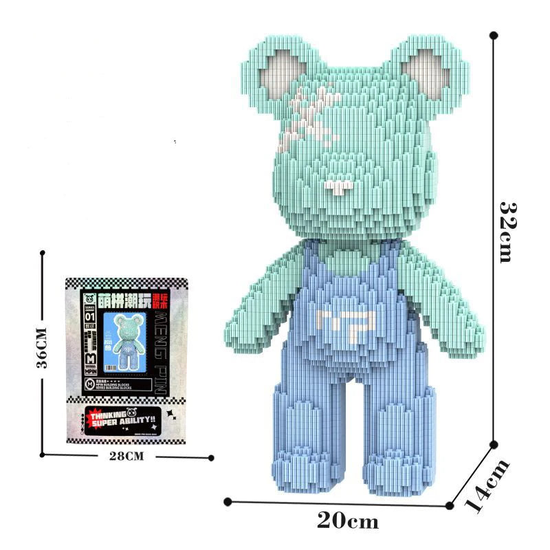A light green kawaii bear figure made of micro building blocks, shown with its dimensions.