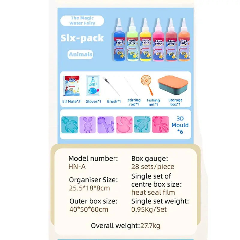 A six-pack of Magic Water Elf DIY craft kit with ocean molds and accessories for making water fairies.
