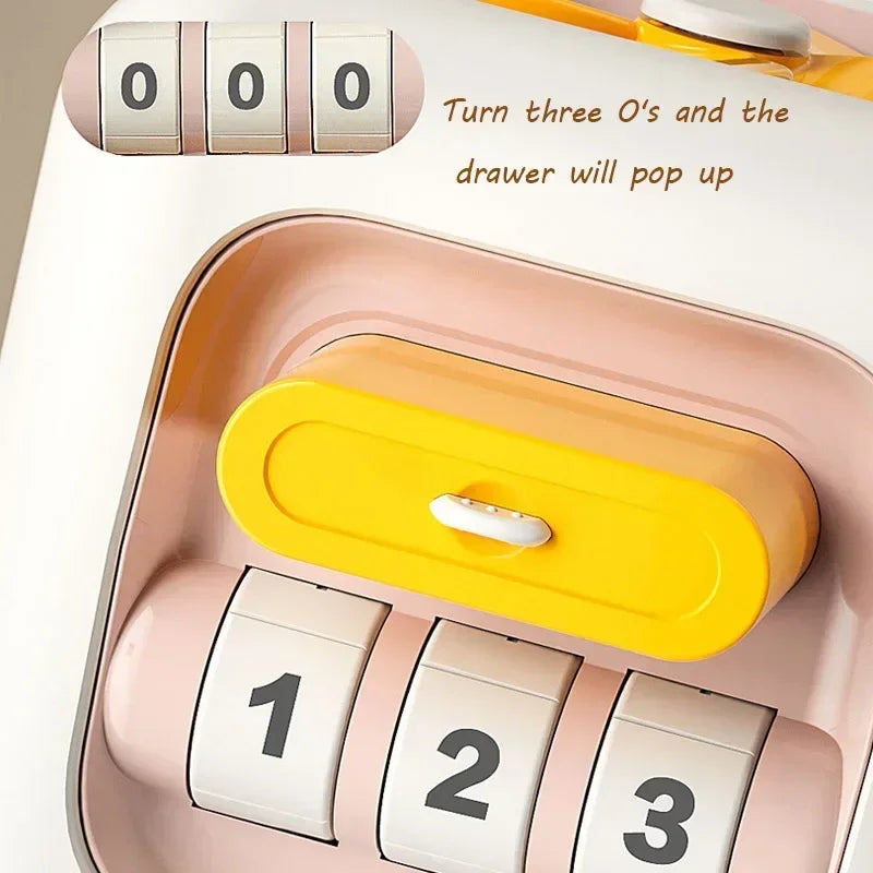 A pink and yellow Montessori busy cube with numbered buttons for toddlers.