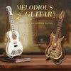 A wooden guitar kit featuring a neck and body, alongside a finished wooden electric guitar model.