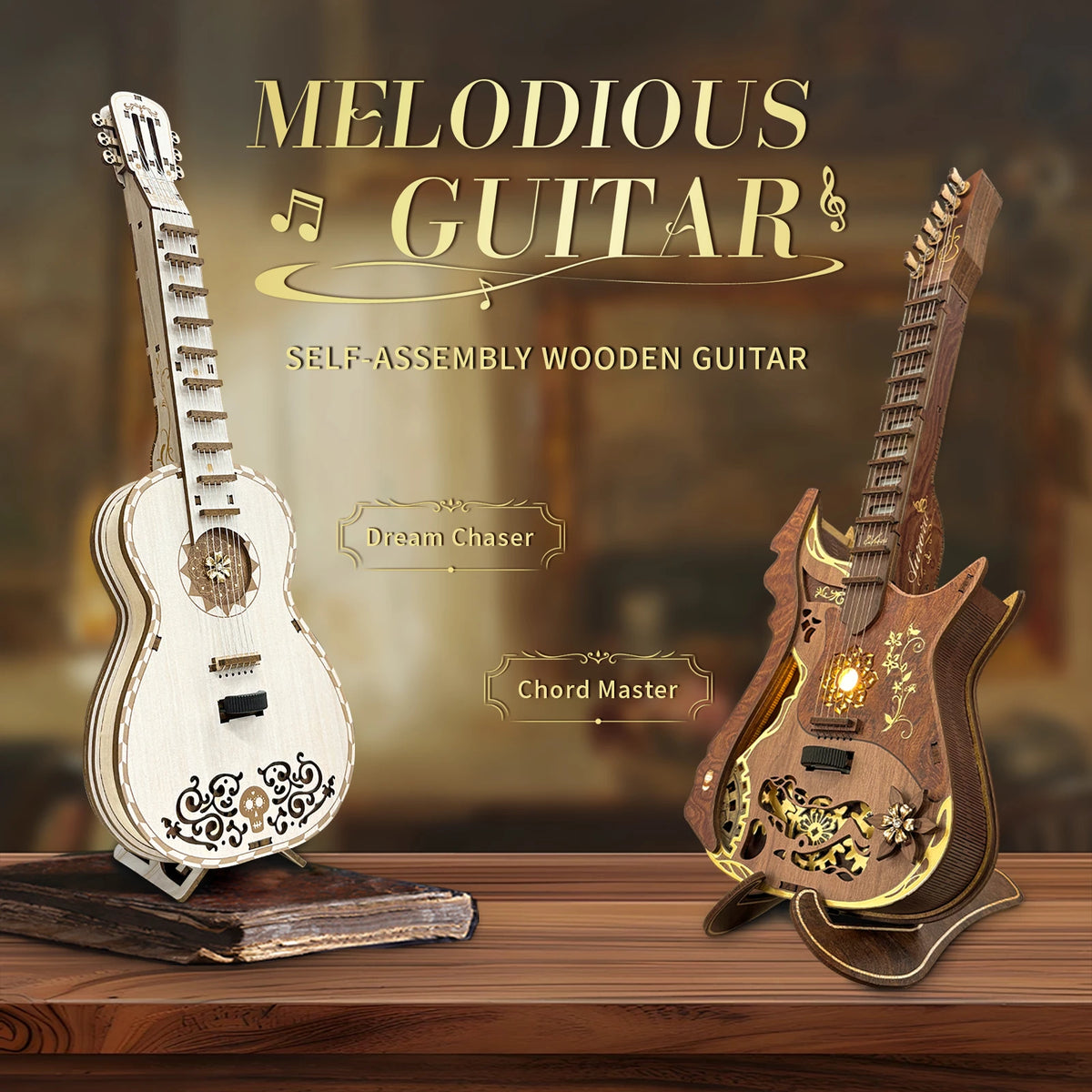 A wooden guitar kit featuring a neck and body, alongside a finished wooden electric guitar model.