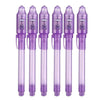 A set of five clear purple invisible ink spy pens with UV light for secret messages