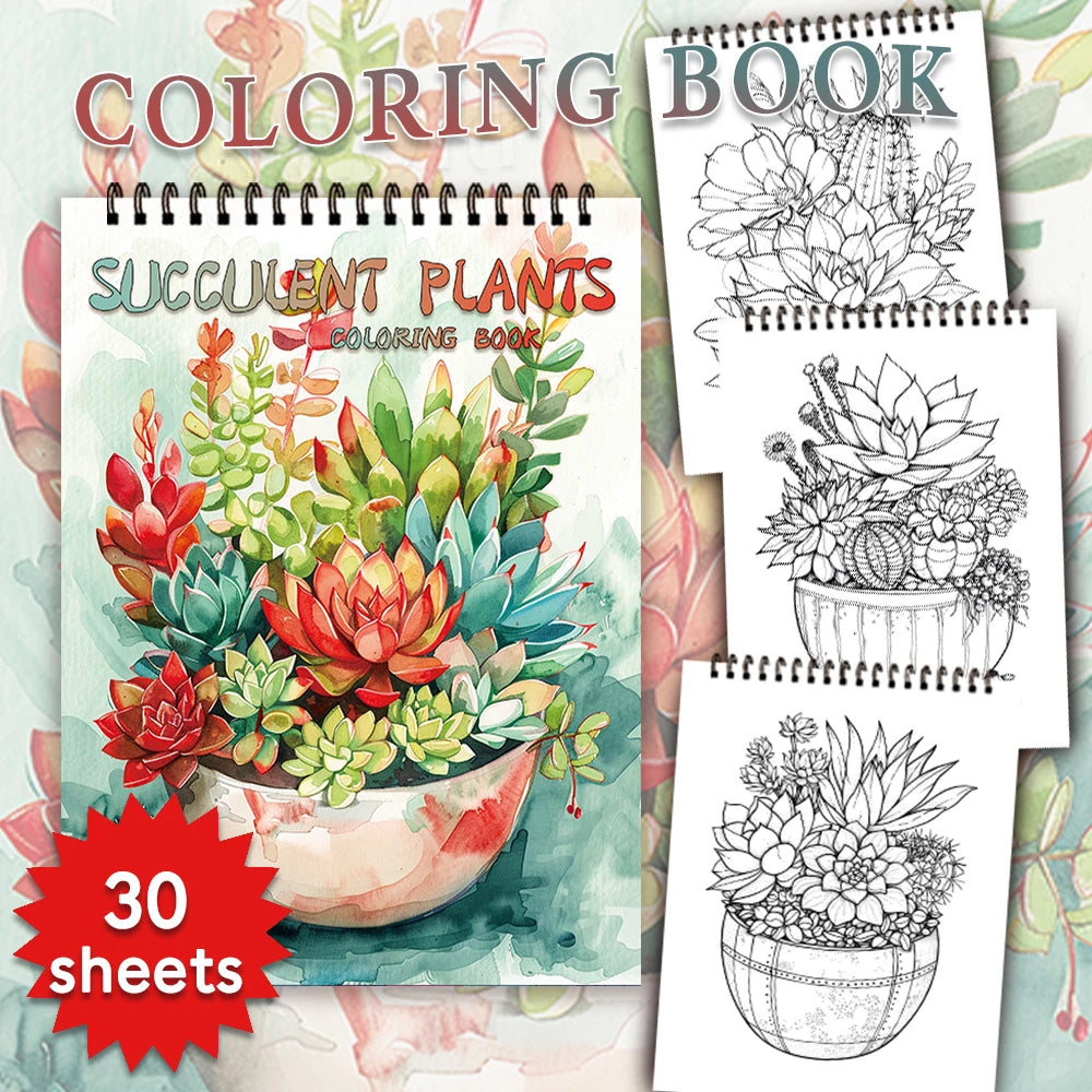 A coloring book featuring illustrations of succulent plants for adult coloring.