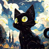 A black cat with glowing yellow eyes looks out under a dark, starry night sky with clouds and a cityscape below.