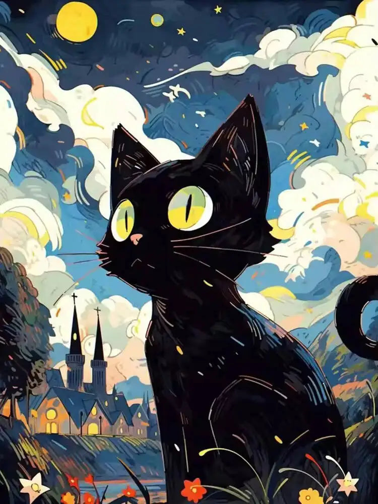 A black cat with glowing yellow eyes looks out under a dark, starry night sky with clouds and a cityscape below.