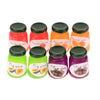 A set of six miniature ceramic jam jars in various fruit colors including strawberry, apricot, and plum.