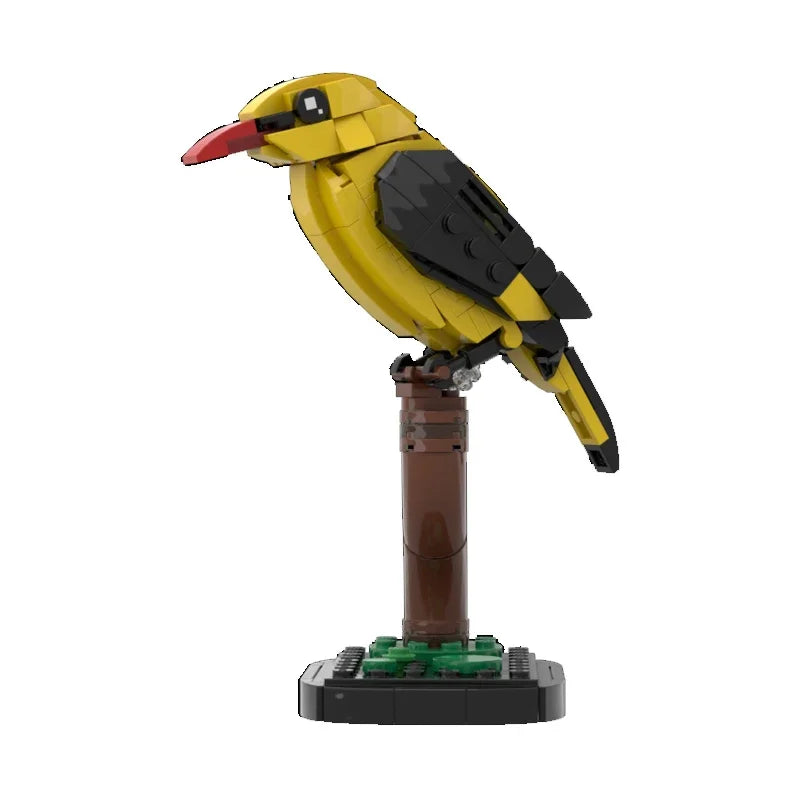 A yellow and black bird animal model built from building blocks, standing on a dark base.