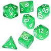 A set of seven green marble effect polyhedral dice showing various numbers and angles.