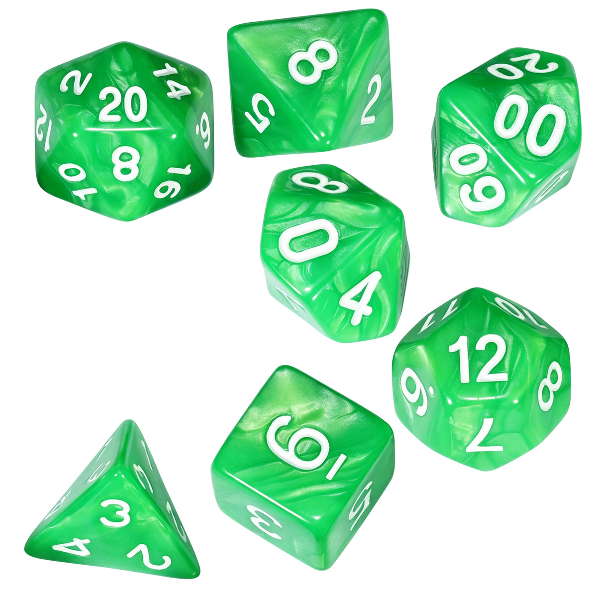 A set of seven green marble effect polyhedral dice showing various numbers and angles.