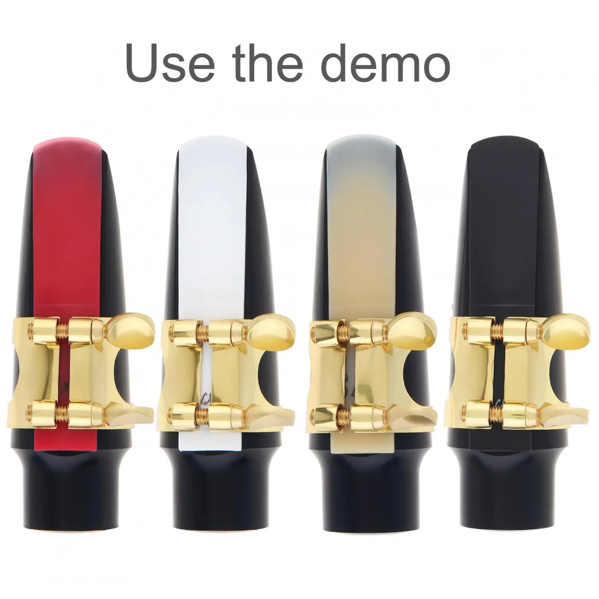Four versions of a SLADE resin alto saxophone reed in red, white, gold, and black shown for demo use.