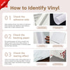 Instructions showing how to identify vinyl by checking the adhesive side, backing paper, and tearing effect.