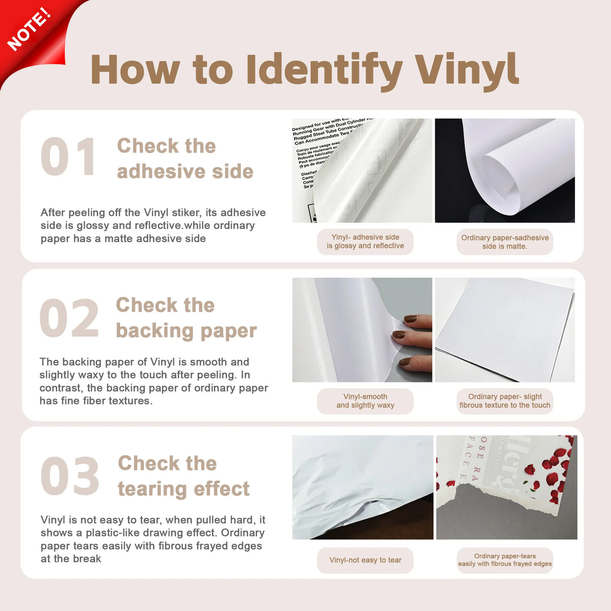 Instructions showing how to identify vinyl by checking the adhesive side, backing paper, and tearing effect.