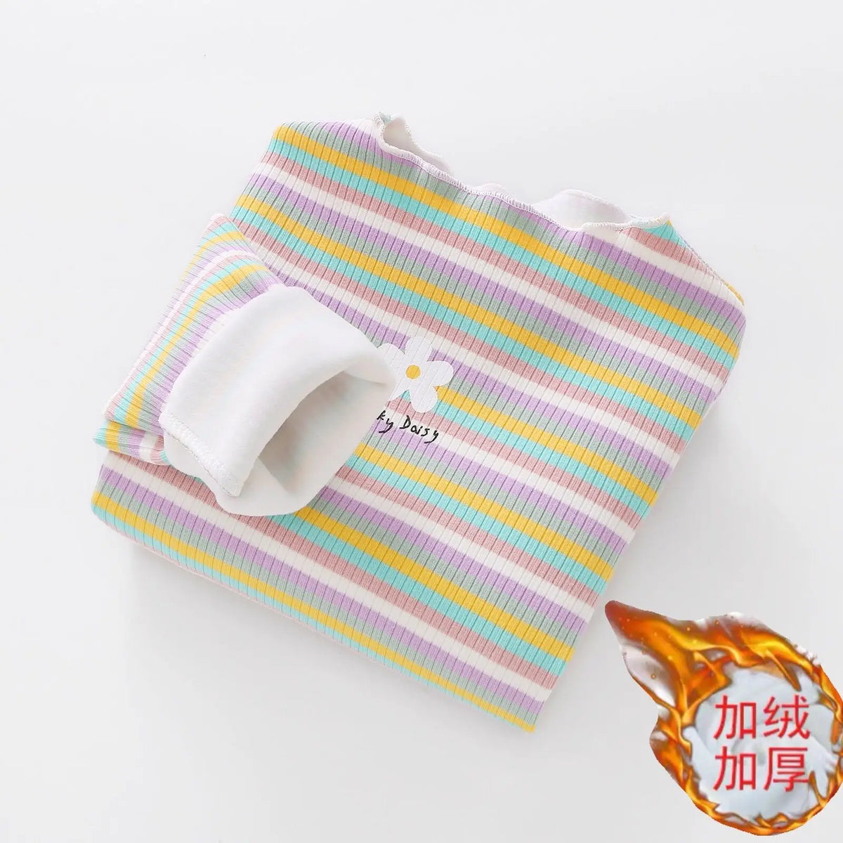 Girls striped floral print cotton t-shirt with a white cuff displayed on a white background.