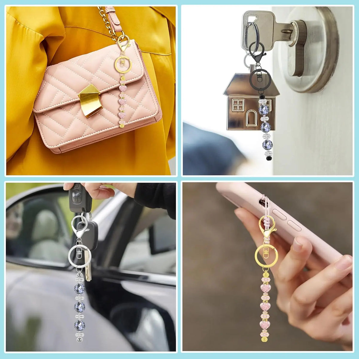Un sac à main en cuir rose et plusieurs barres de clés en métal durables montrés dans divers contextes.